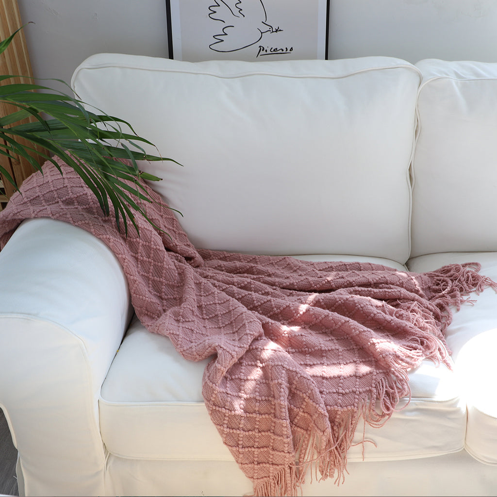 Throw Blanket Diamond Pattern Knitted with Tassels - Pink