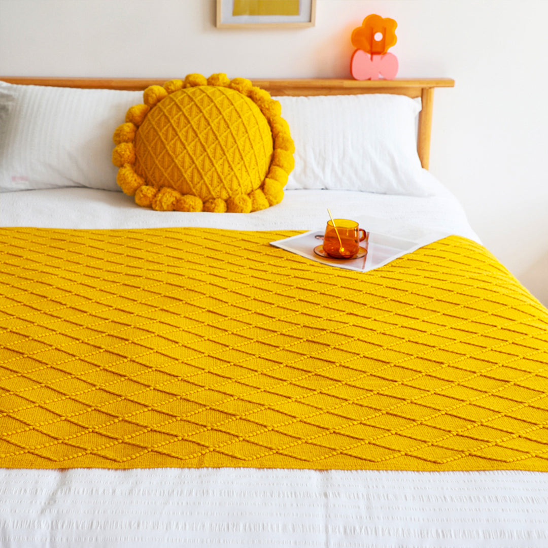 Yellow Diamond Pattern Knitted Throw with Tassels - Yellow