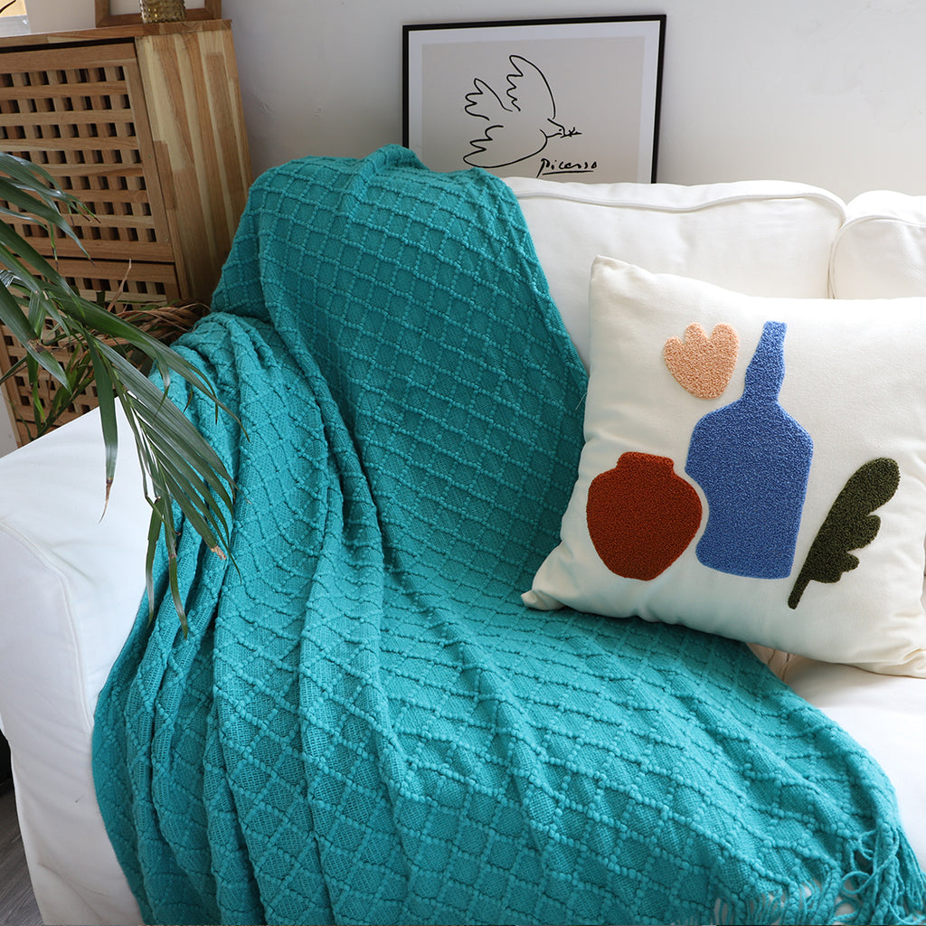 Throw Blanket Diamond Pattern Knitted with Tassels - Teal