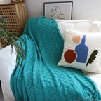 Throw Blanket Diamond Pattern Knitted with Tassels - Teal