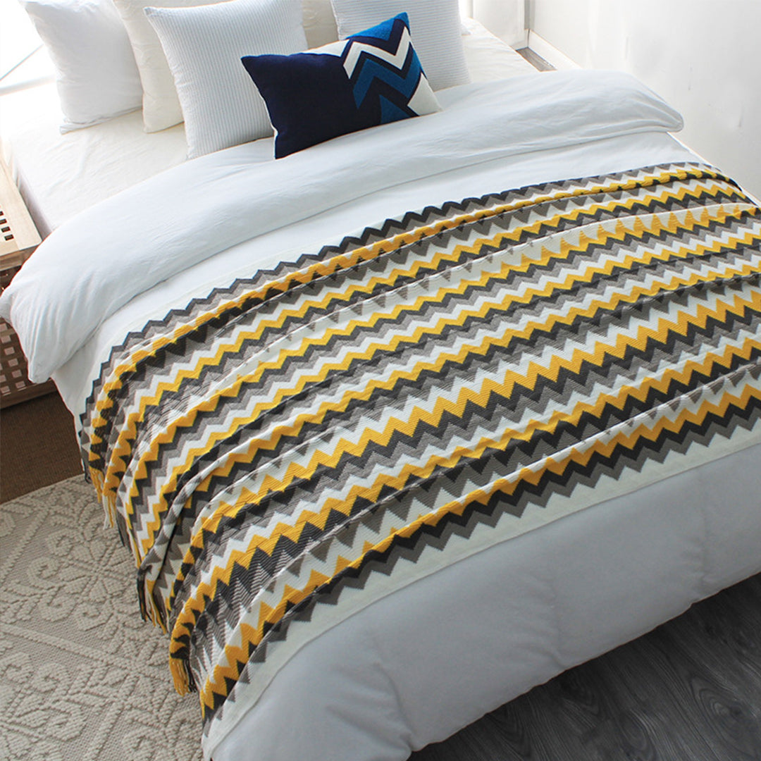  Zigzag Striped Acrylic Wave Knitted Throw Blanket Fringed - Yellow