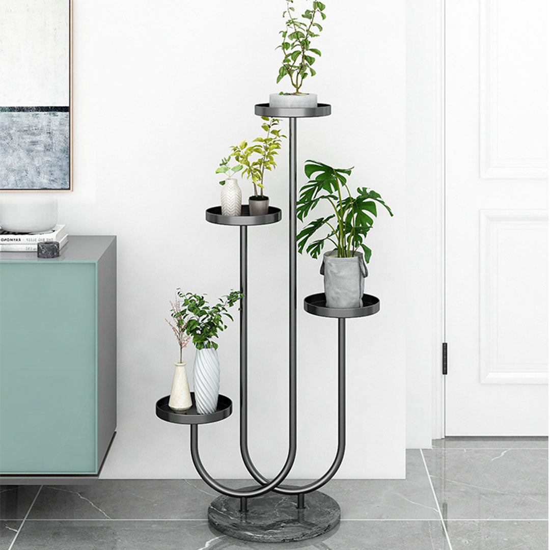U Shaped Metal Plant Stand With 4 Round Flower Pot Tray - Black