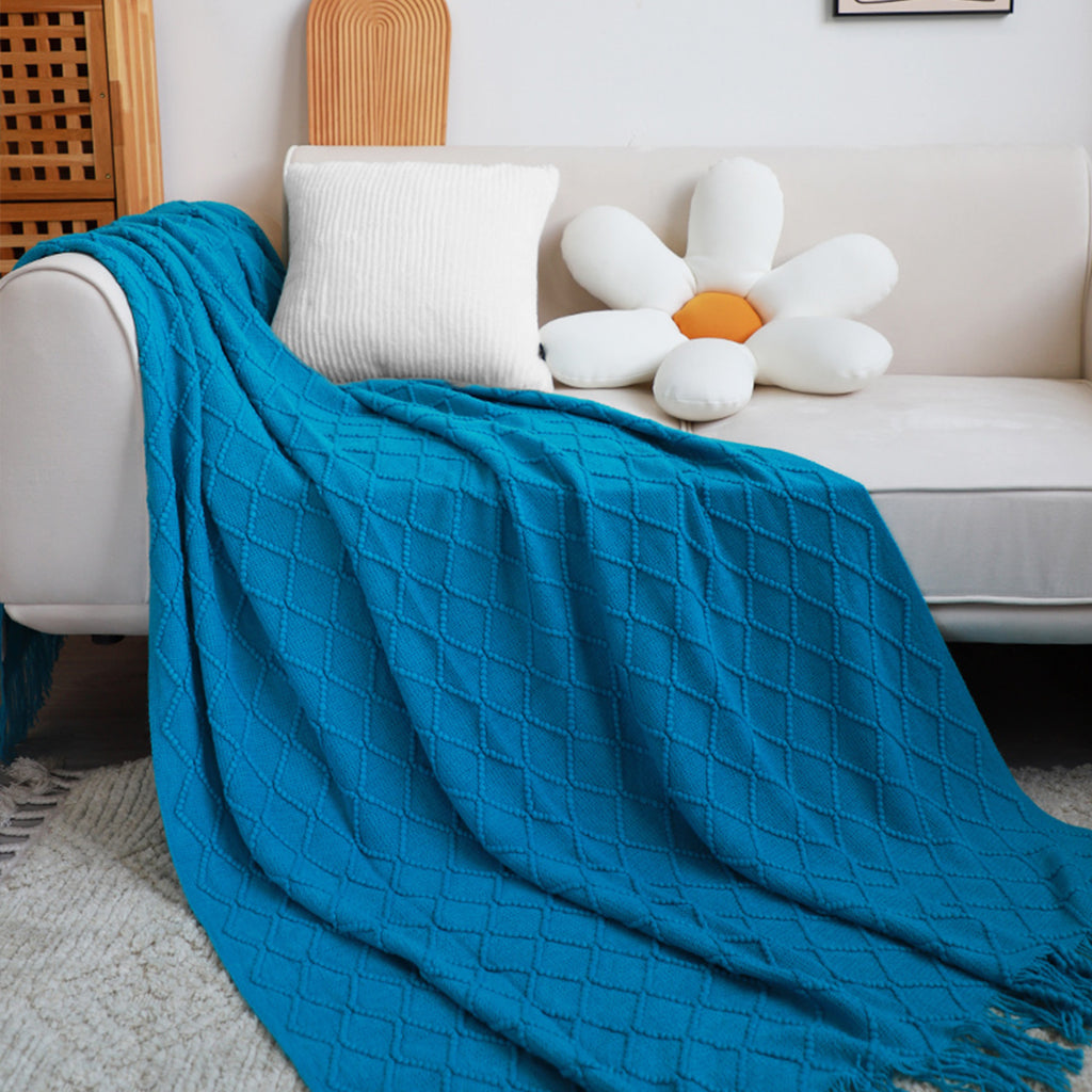 Throw Blanket Diamond Pattern Knitted Throw with Tassels - Blue