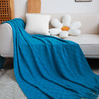 Throw Blanket Diamond Pattern Knitted Throw with Tassels - Blue