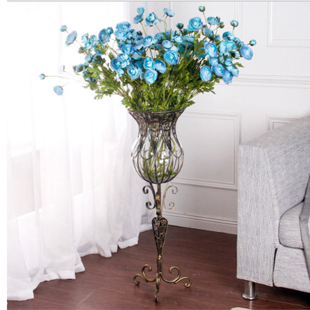 European Clear Glass Floor Flower Vase with Tall Metal Stand - 85cm tall