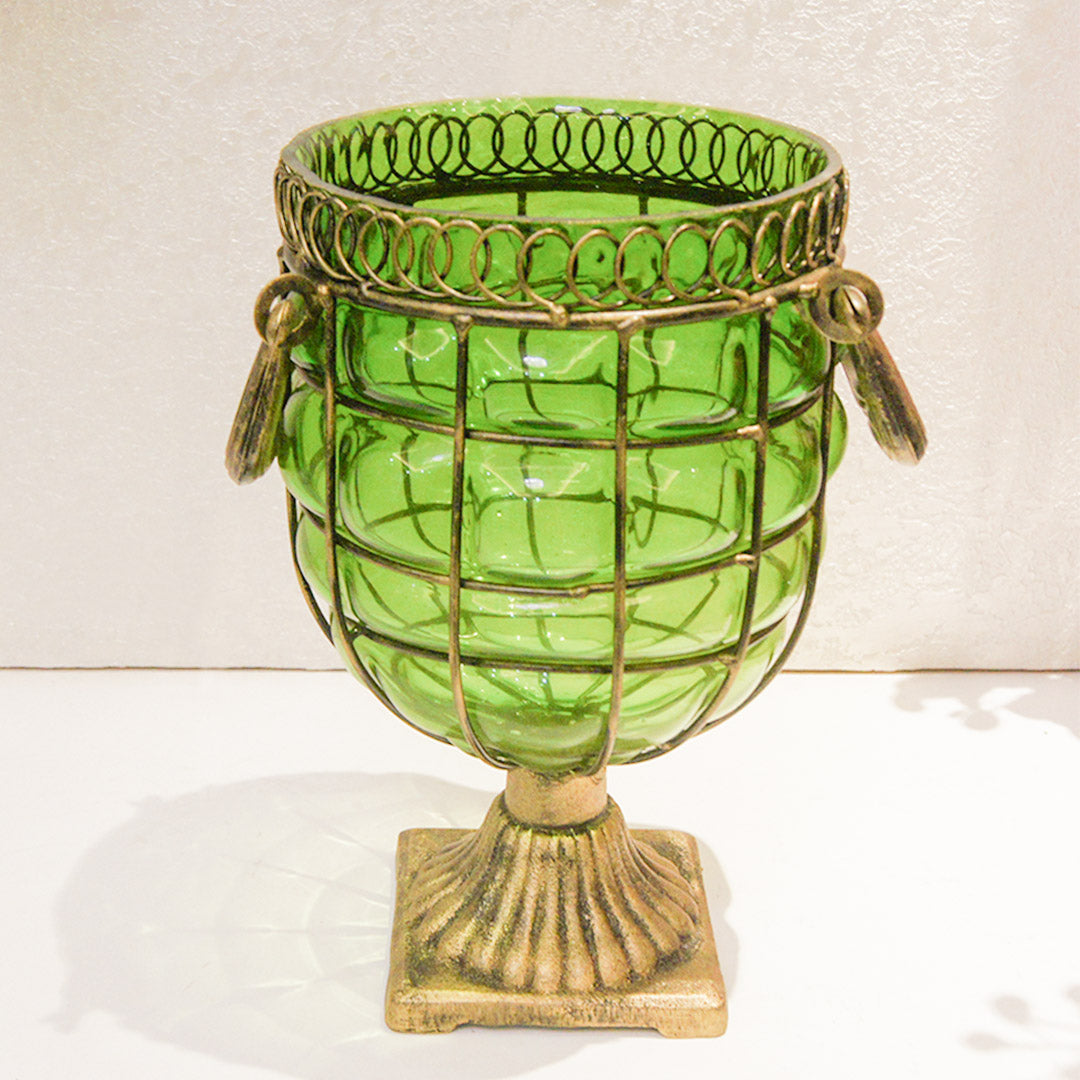 European Green Glass Jar Flower Vase with Solid Base and Metal Handles - 26cm tall