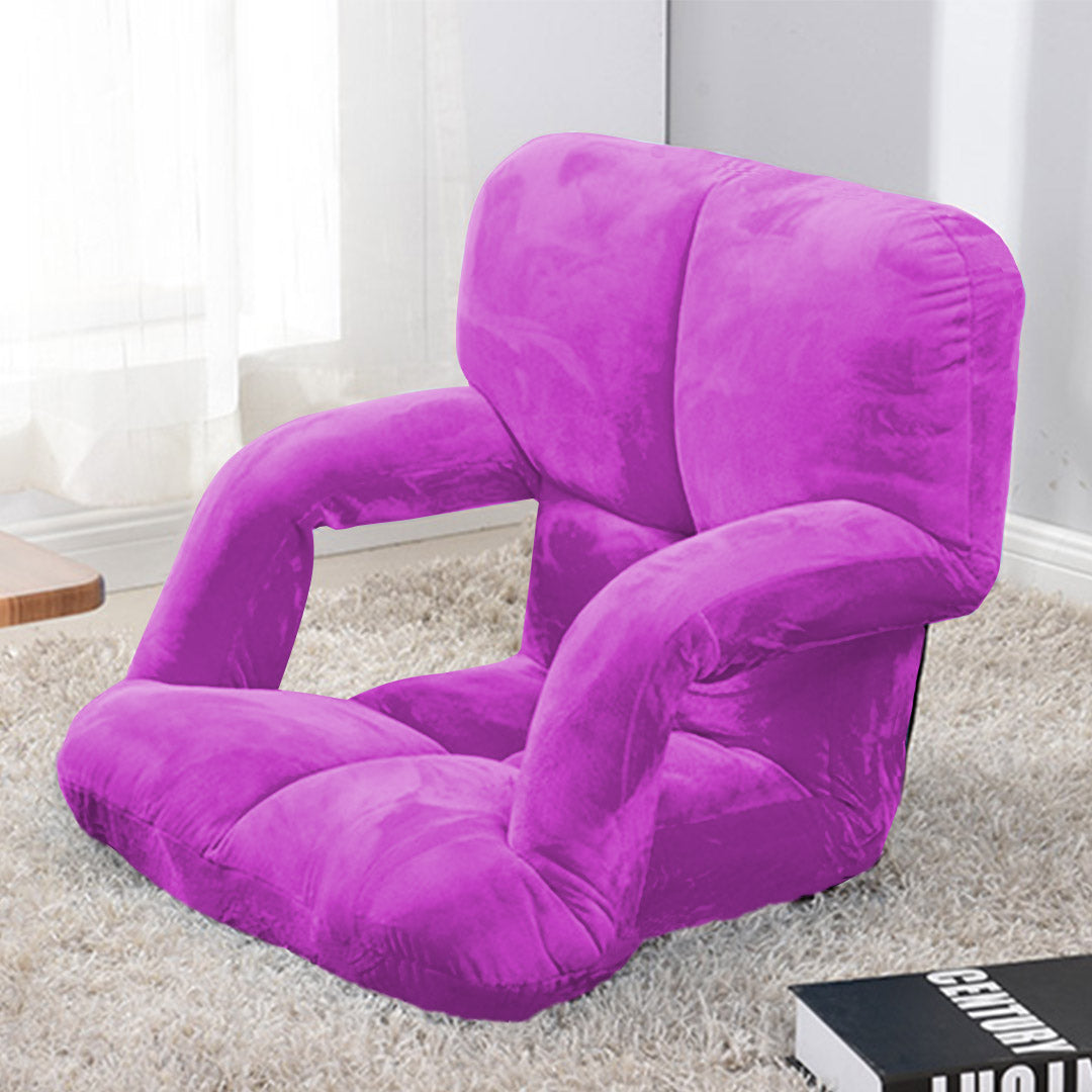 Foldable & Adjustable Lazy Floor Recliner Cushioned Chair with Armrest - Purple