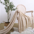 Throw Blanket Diamond Pattern Knitted Throw with Tassels - Beige