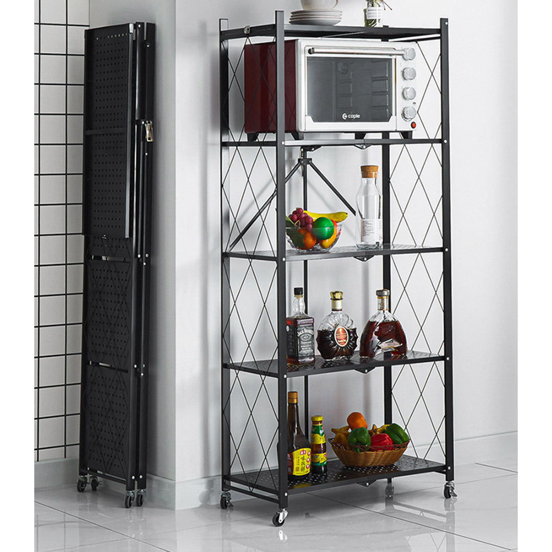 5 Tier Steel Foldable Display Stand Shelves with Wheels - Black