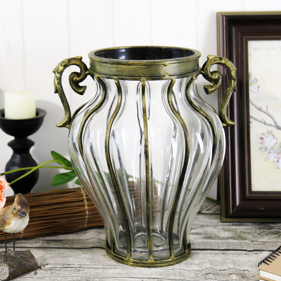 European Clear Glass Flower Vase with Two Metal Handles - 33cm tall
