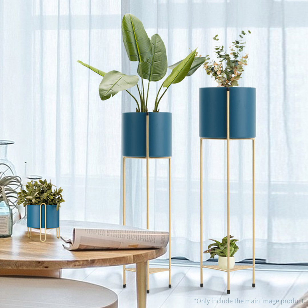 2 Layer Gold Metal Corner Plant Stand with Blue Pot Holder - 81cm