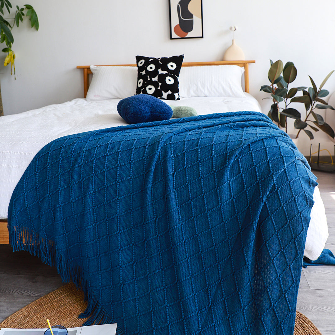 Throw Blanket Diamond Pattern Knitted Throw with Tassels - Royal Blue
