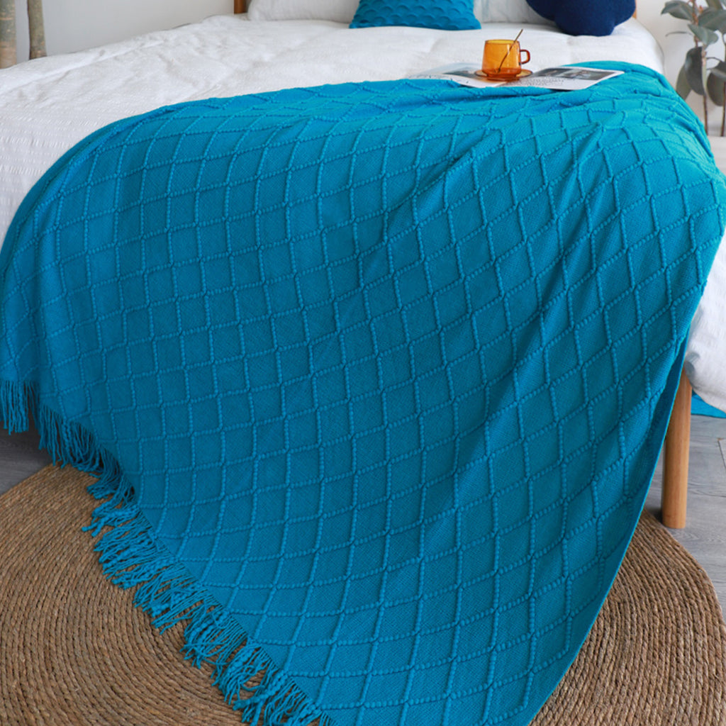 Throw Blanket Diamond Pattern Knitted Throw with Tassels - Blue