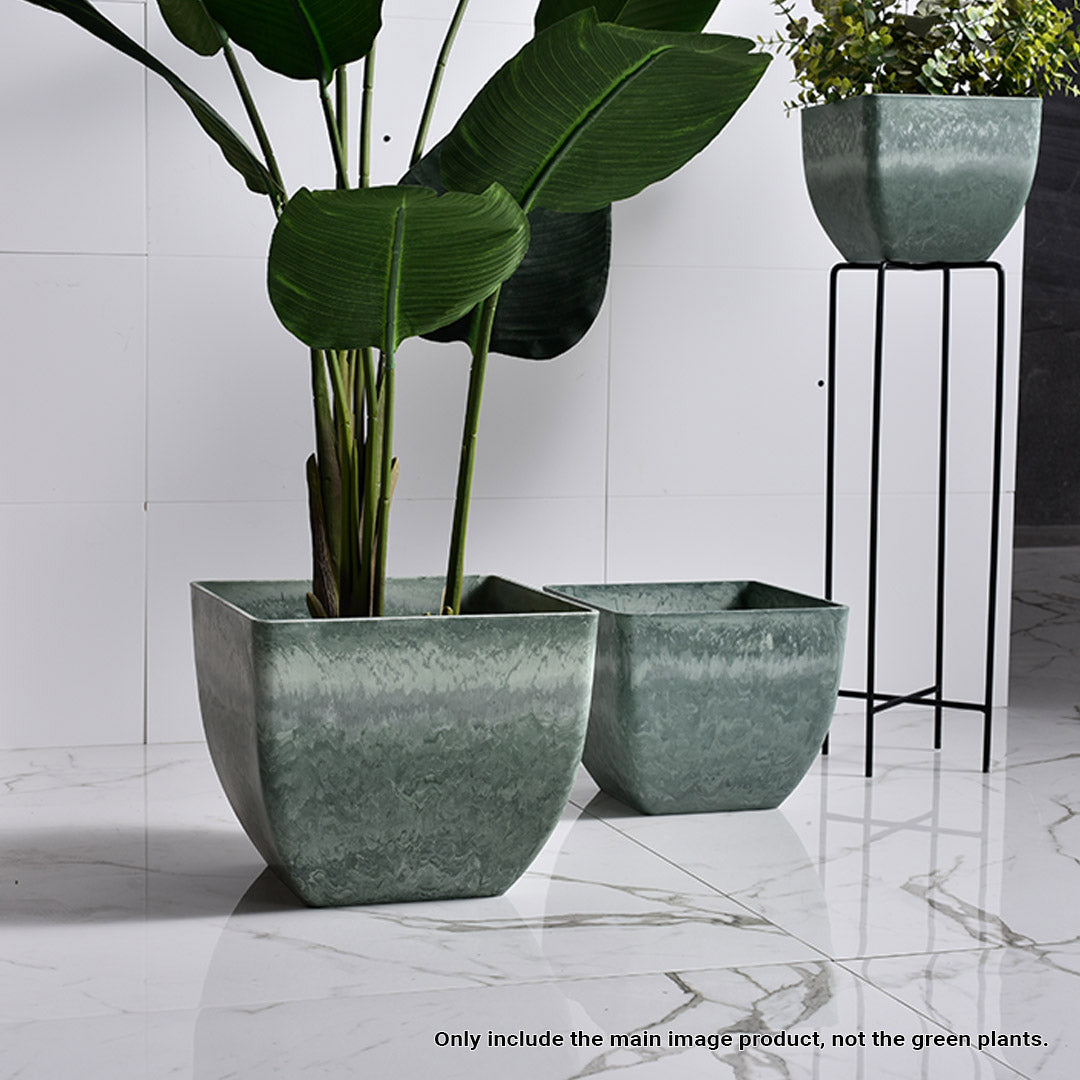 Green Grey Square Resin Plant Pot in Cement Pattern Planter - 32cm