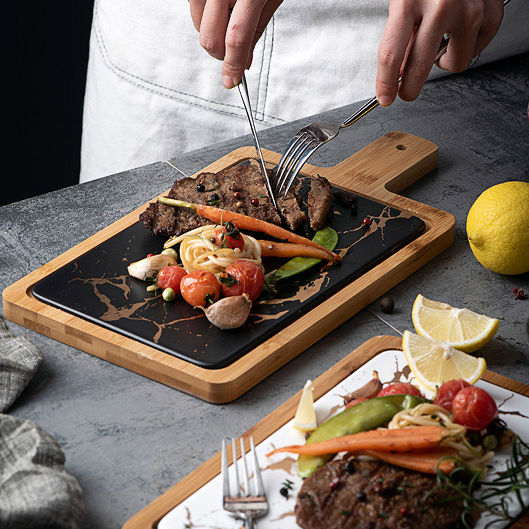 Black Stone Slate Rectangle Wooden Serving Tray with Handle - 33.5cm