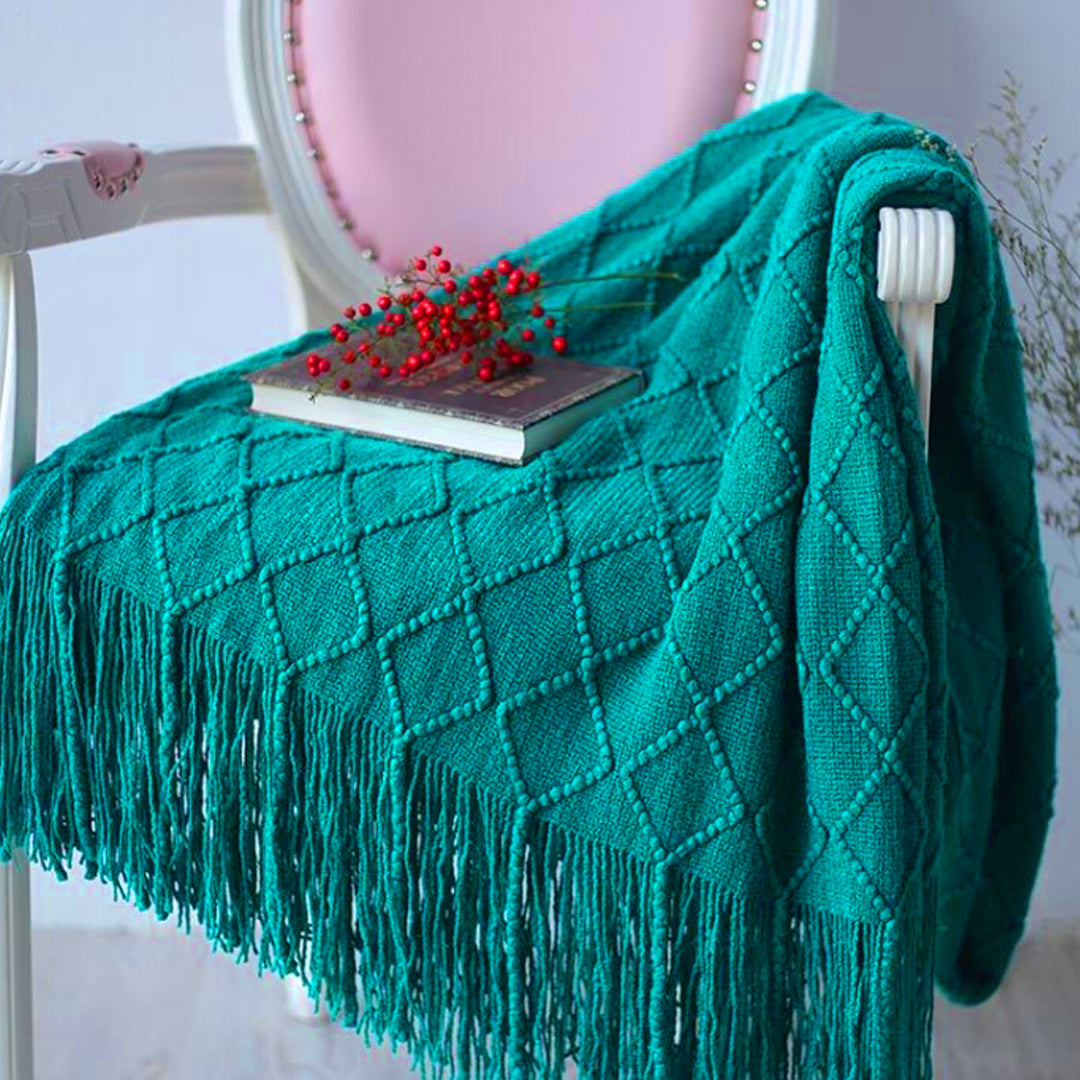 Throw Blanket Diamond Pattern Knitted with Tassels - Teal