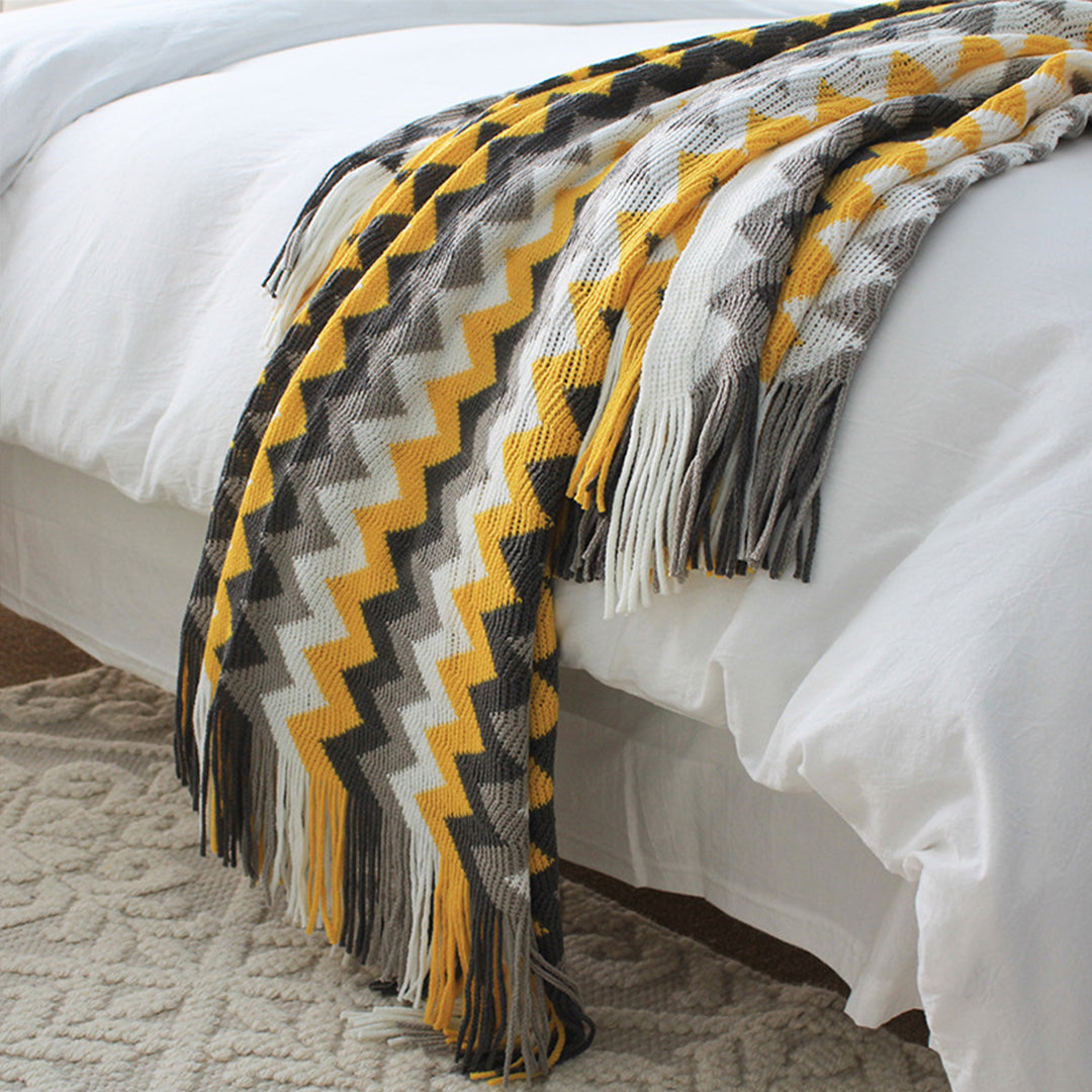  Zigzag Striped Acrylic Wave Knitted Throw Blanket Fringed - Yellow