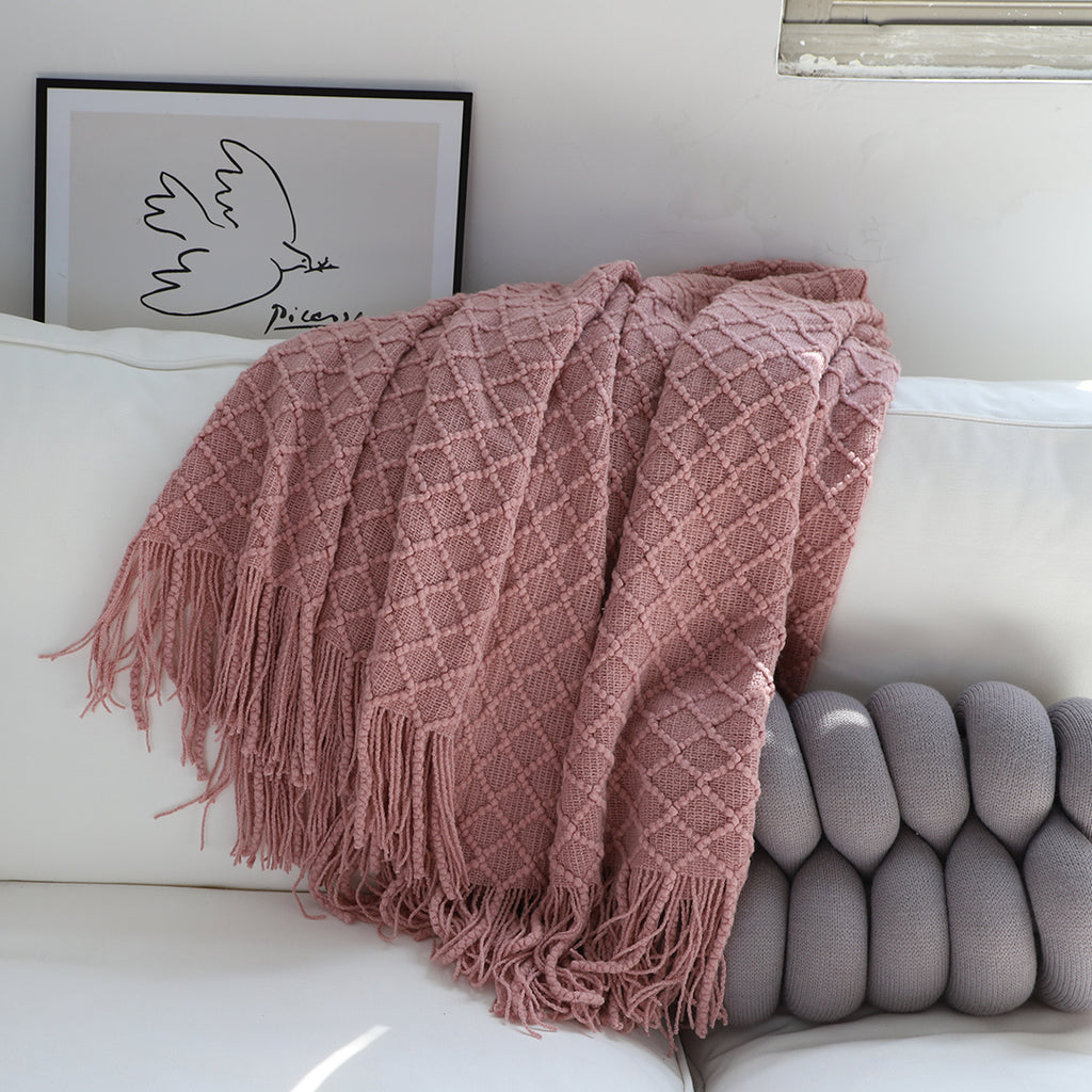 Throw Blanket Diamond Pattern Knitted with Tassels - Pink