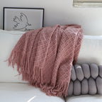 Throw Blanket Diamond Pattern Knitted with Tassels - Pink