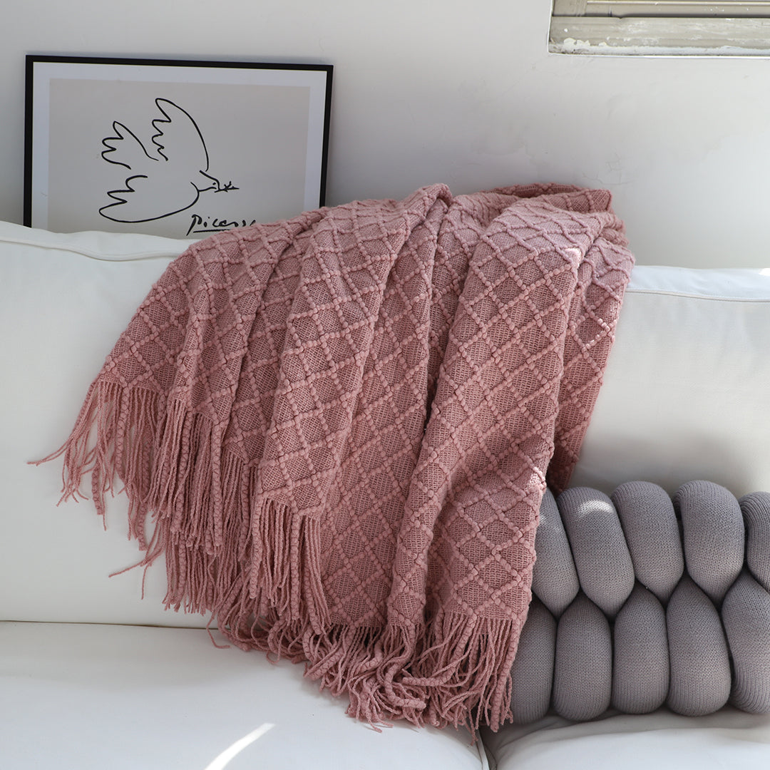 Throw Blanket Diamond Pattern Knitted with Tassels - Pink
