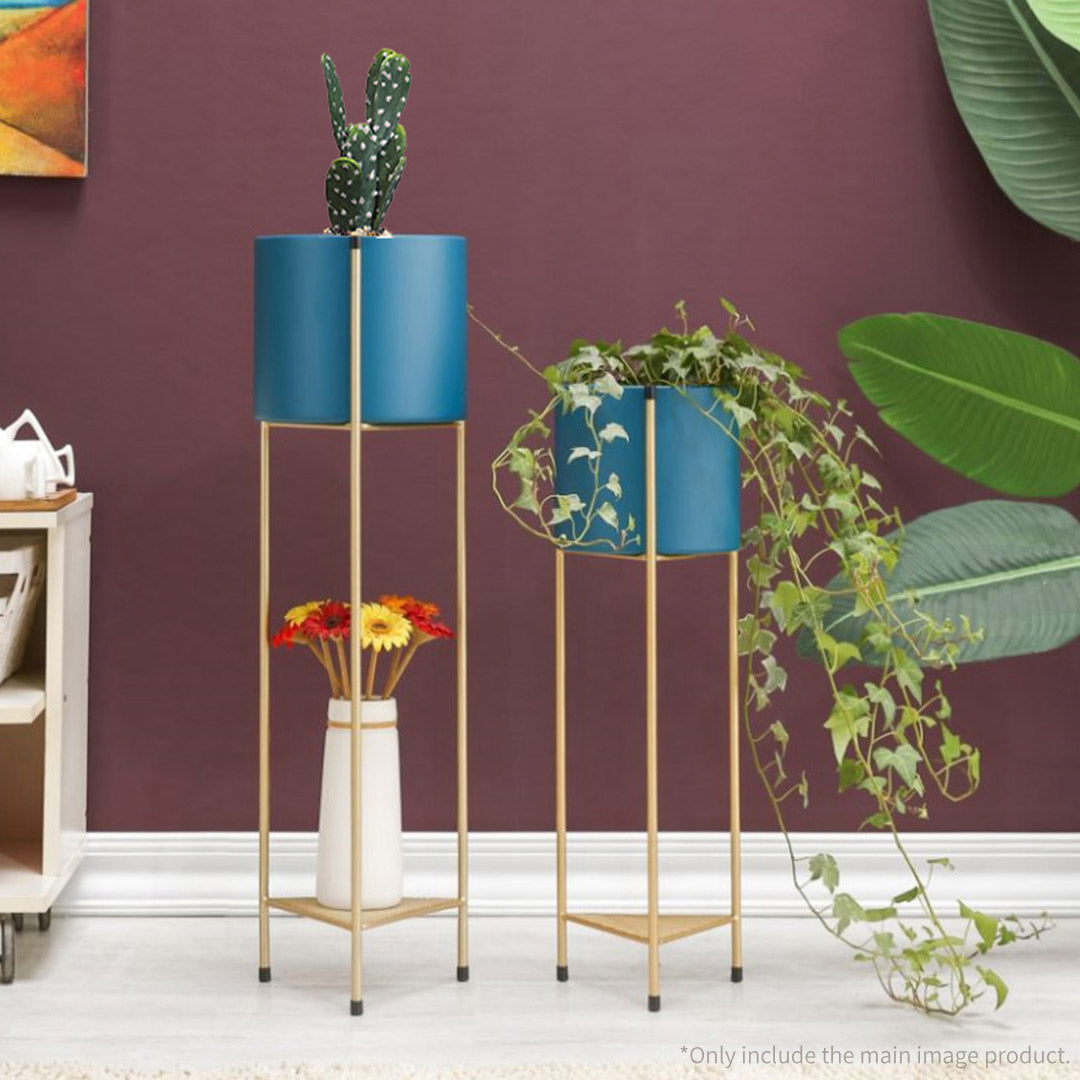 2 Layer Gold Metal Corner Plant Stand with Blue Pot Holder - 65cm