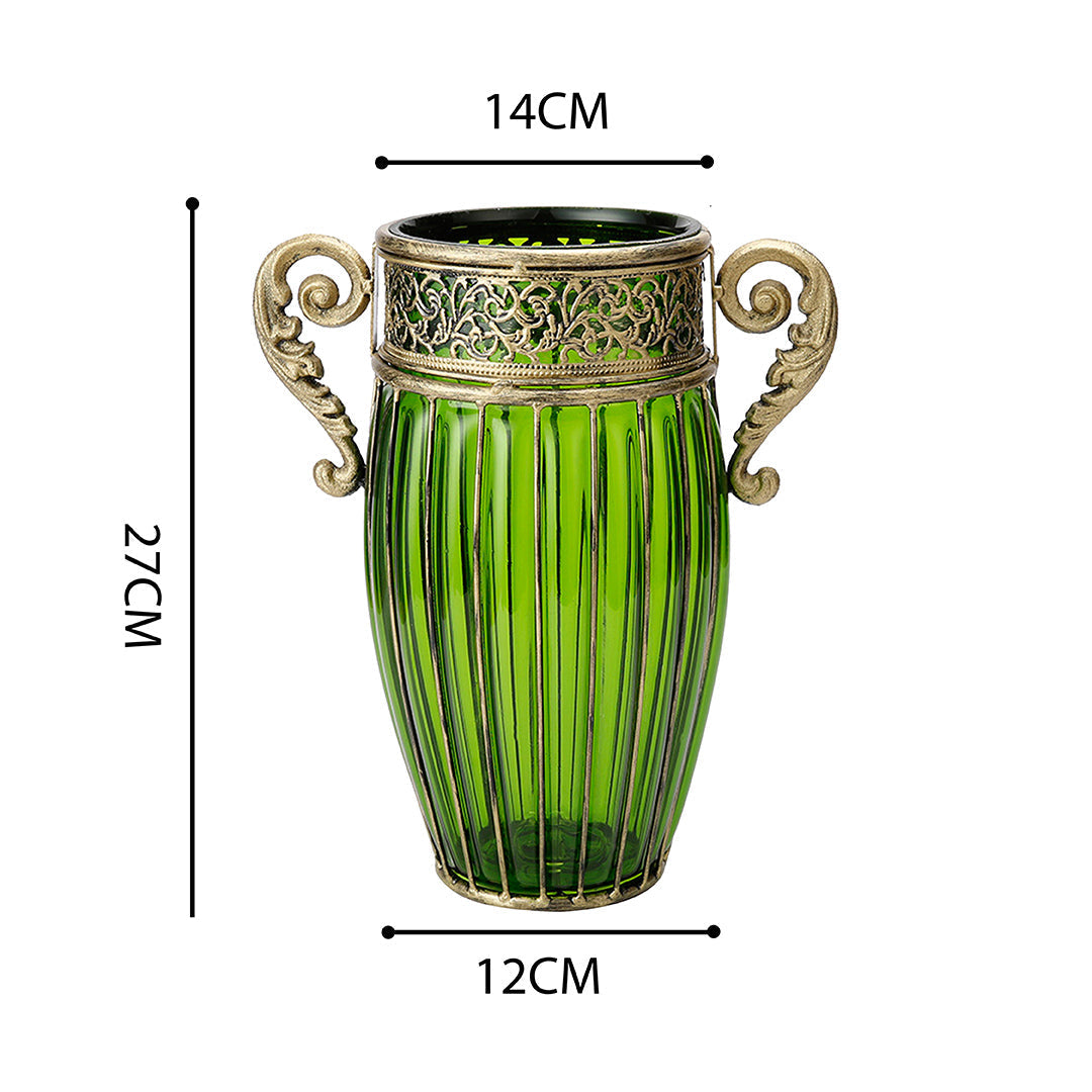 European Glass Jar Flower Vase with Two Metal Handles - Green