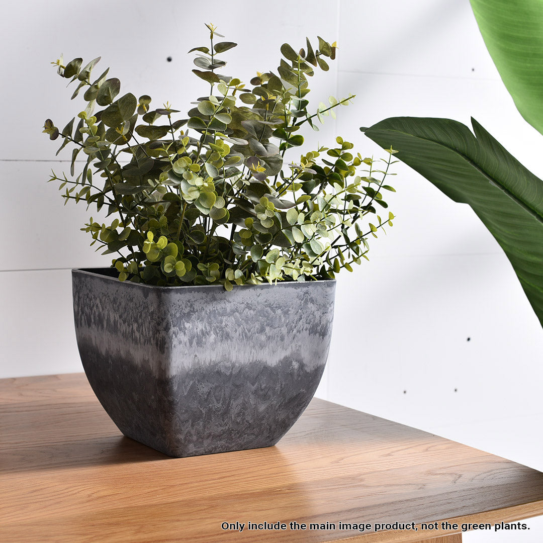 Weathered Grey Square Resin Plant Pot in Cement Pattern Planter - 27cm