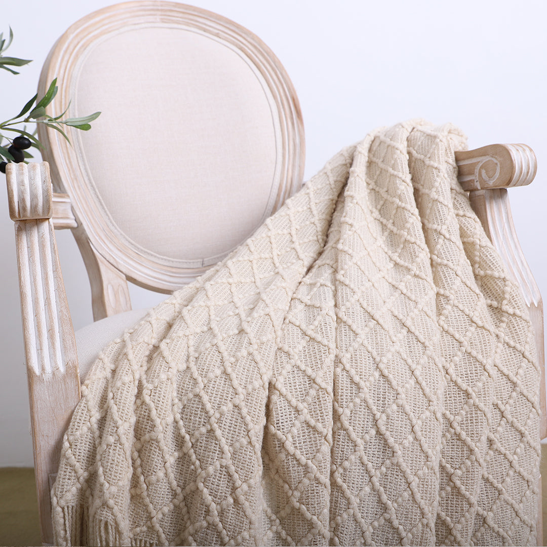 Throw Blanket Diamond Pattern Knitted Throw with Tassels - Beige