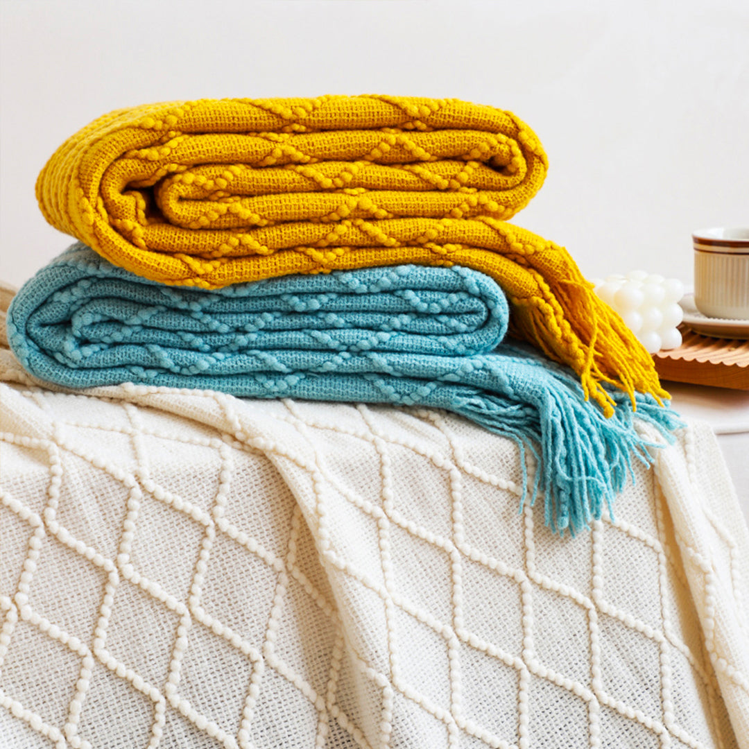 Yellow Diamond Pattern Knitted Throw with Tassels - Yellow