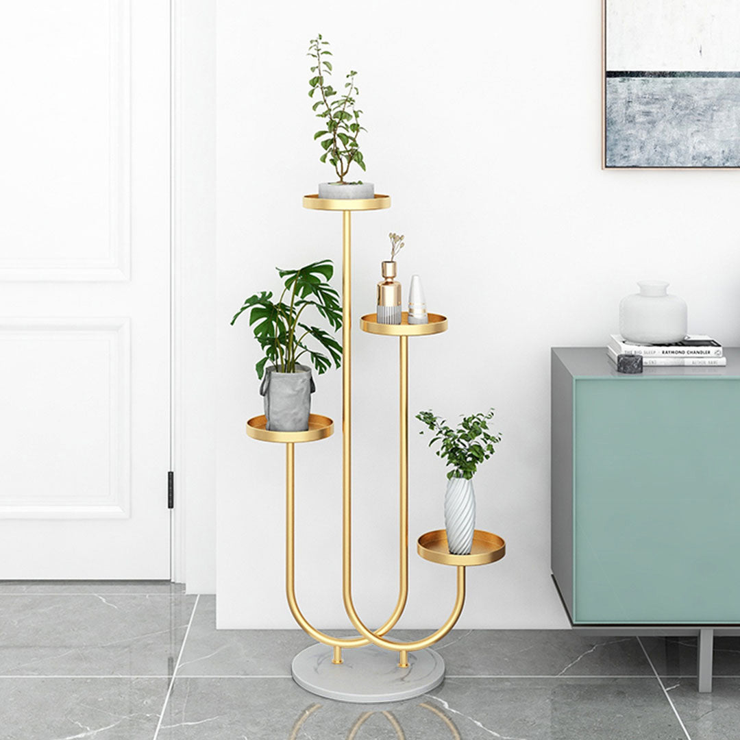 U Shaped Metal Plant Stand With 4 Round Flower Pot Tray - Gold