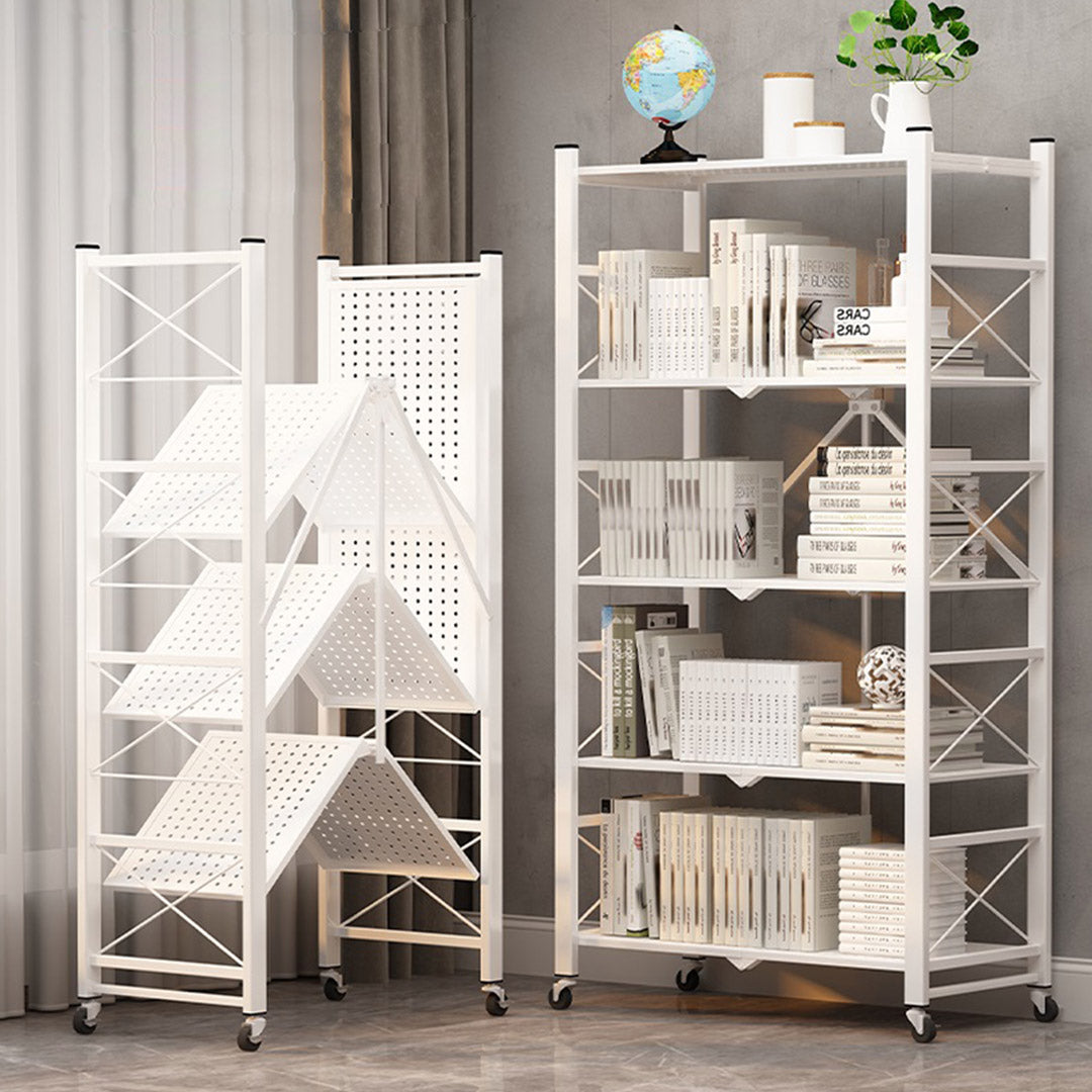 5 Tier Steel Foldable Display Stand Shelves with Wheels - White 