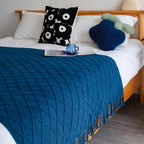 Throw Blanket Diamond Pattern Knitted Throw with Tassels - Royal Blue