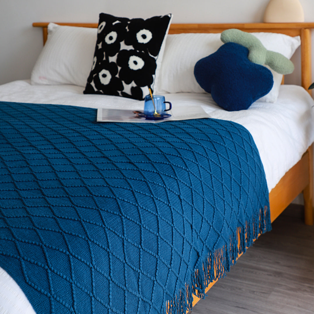 Throw Blanket Diamond Pattern Knitted Throw with Tassels - Royal Blue