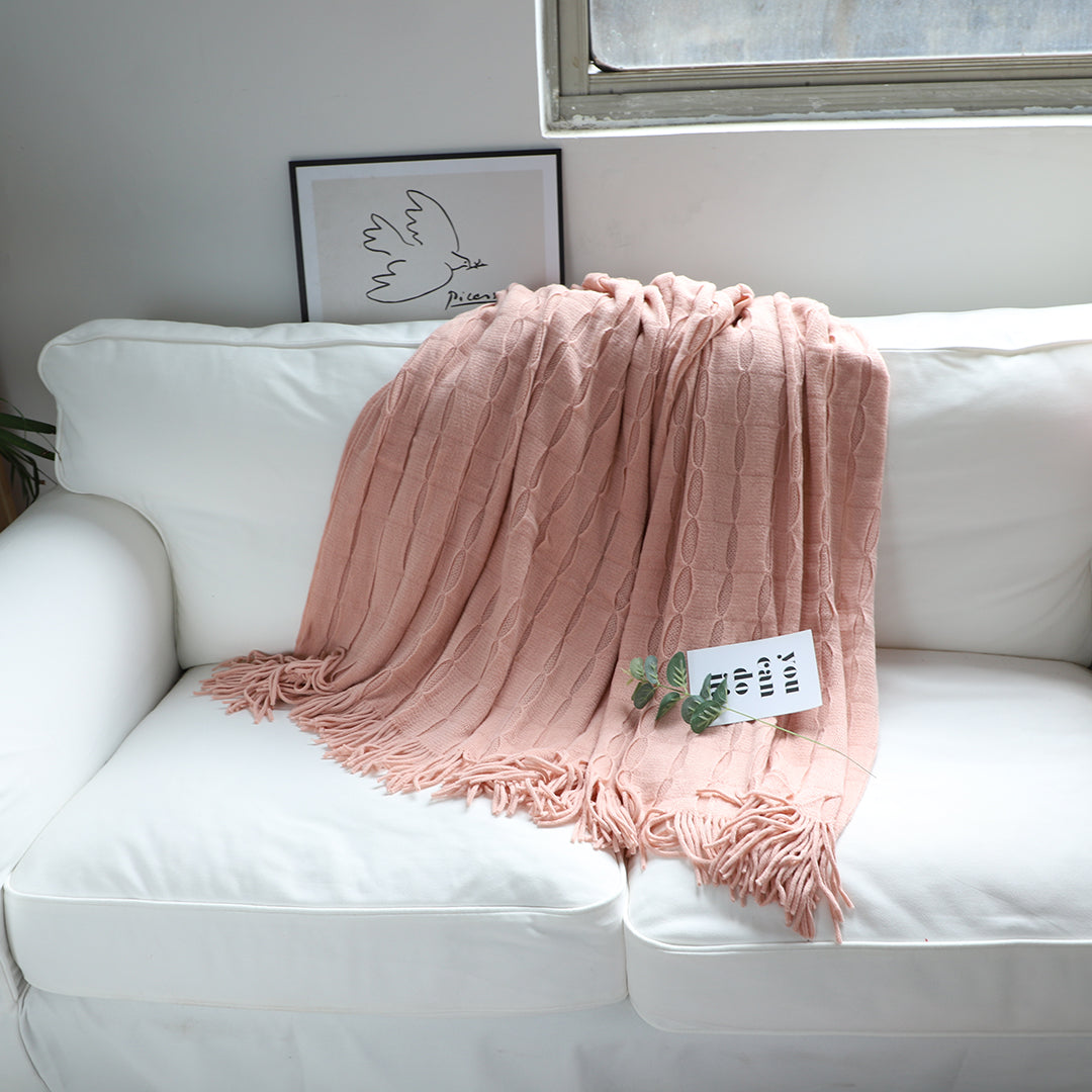 Textured Knitted Throw Blanket Cube Design with Tassels - Pink