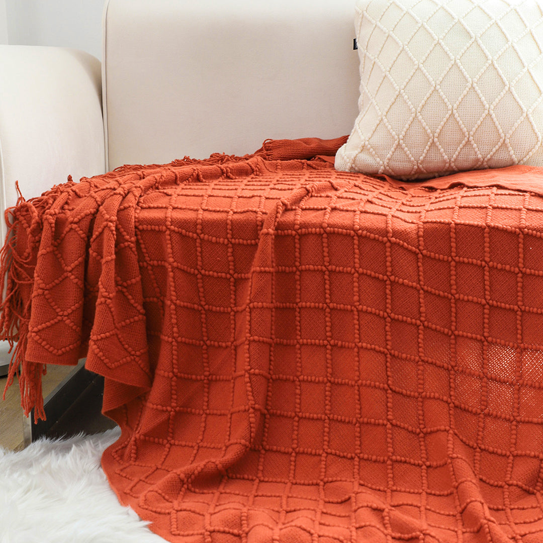 Throw Blanket Diamond Pattern Knitted Throw with Tassels - Red