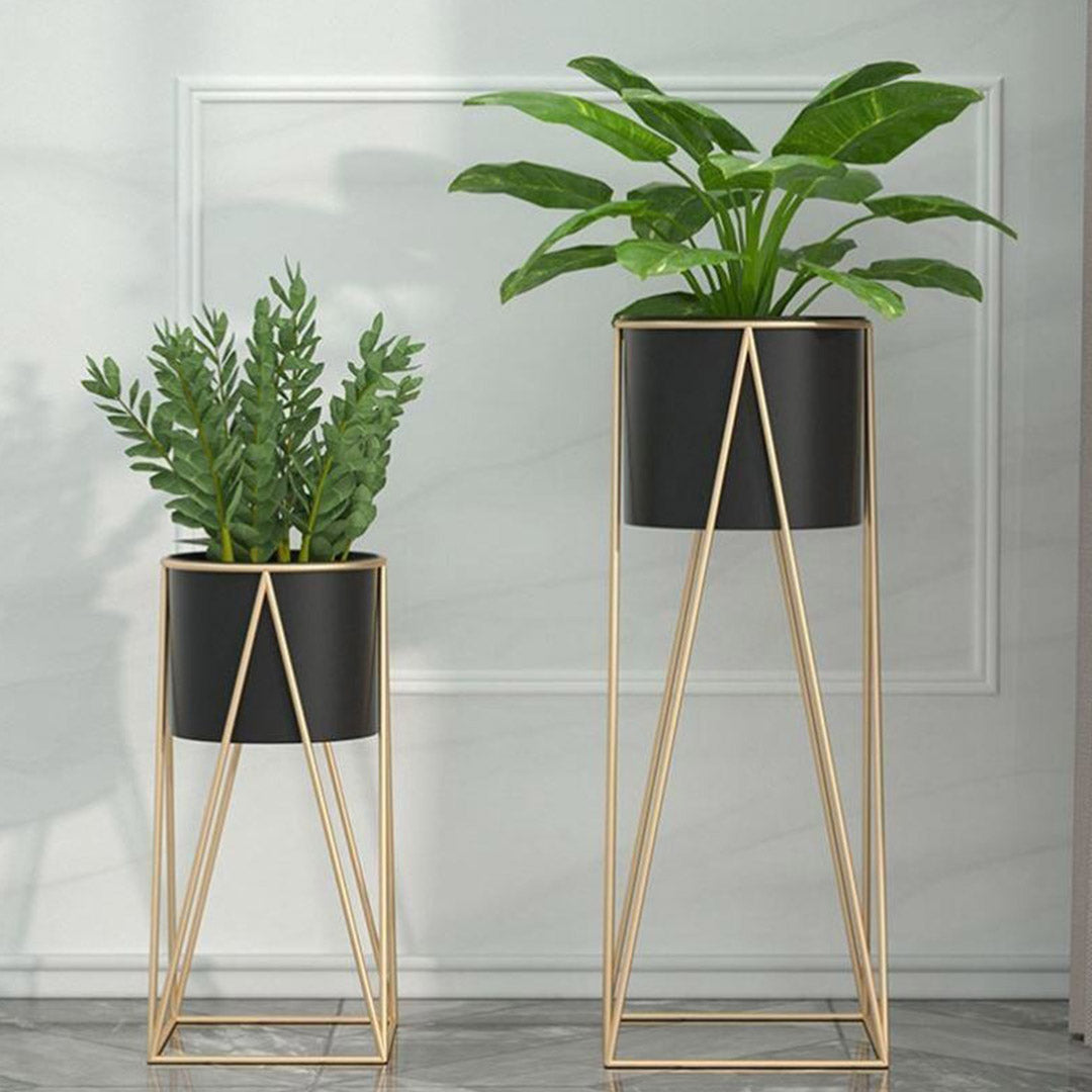 Gold Metal Corner Plant Stand with Black Pot Holder - 70cm