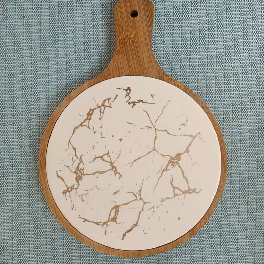 White Round Slate Stone Wooden Serving Tray with Handle - 30cm