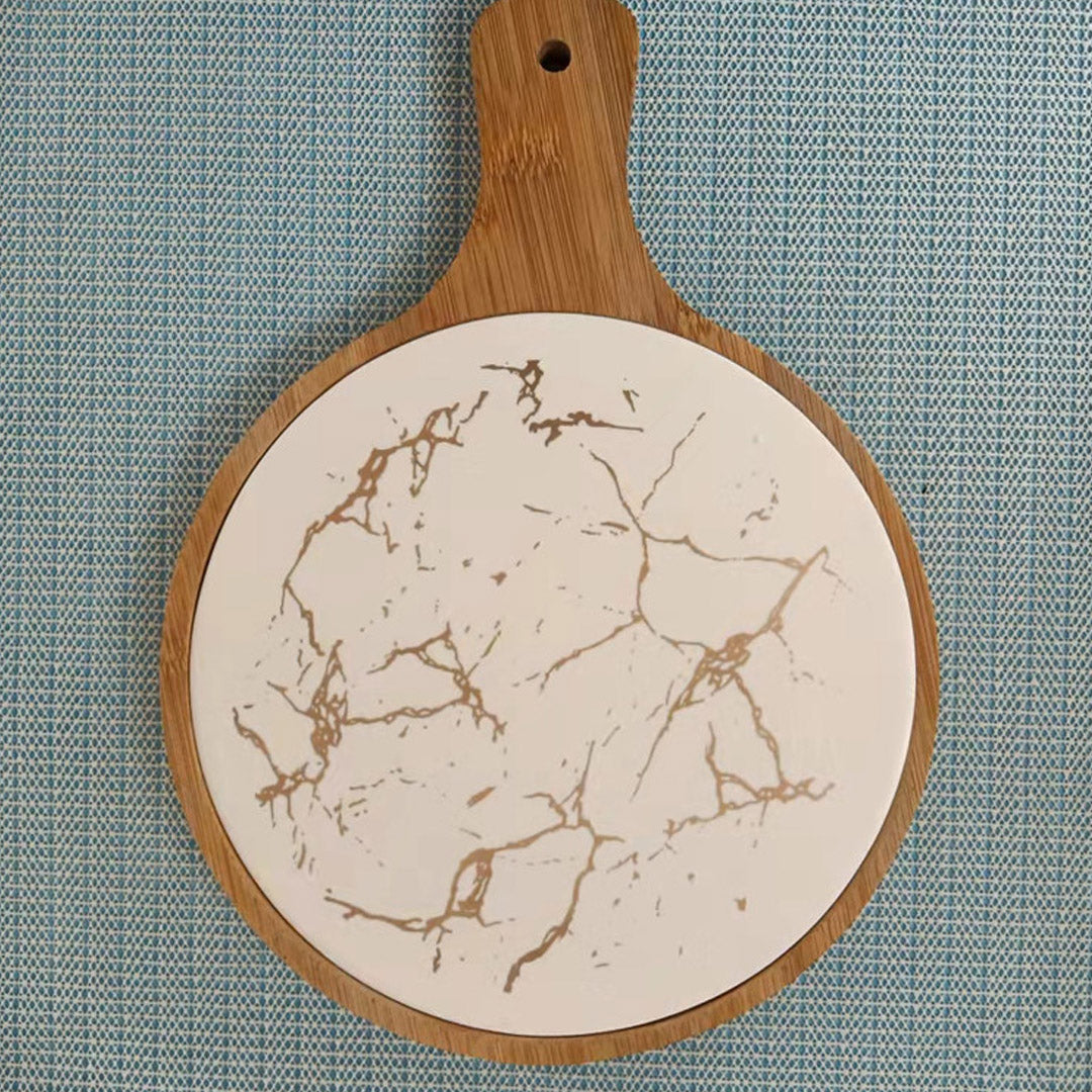 White Round Slate Stone Wooden Serving Tray with Handle - 30cm