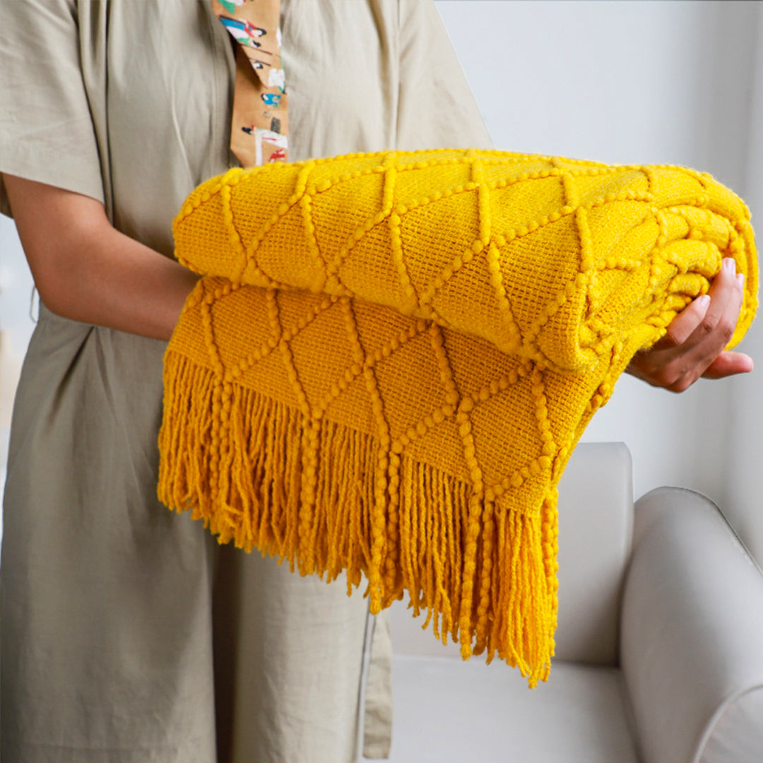 Yellow Diamond Pattern Knitted Throw with Tassels - Yellow