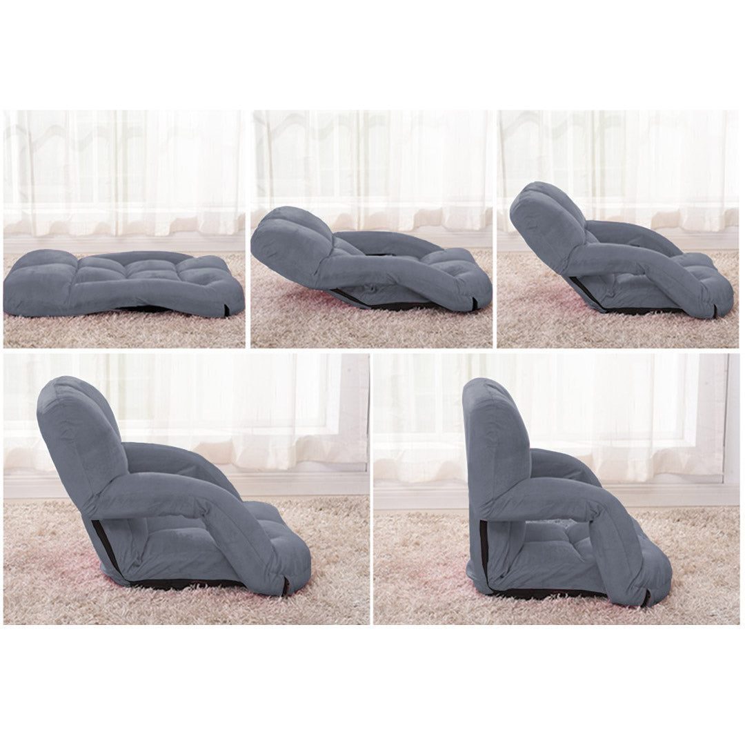 Foldable & Adjustable Lazy Floor Recliner Cushioned Chair with Armrest - Grey