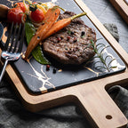 Black Stone Slate Rectangle Wooden Serving Tray with Handle - 33.5cm
