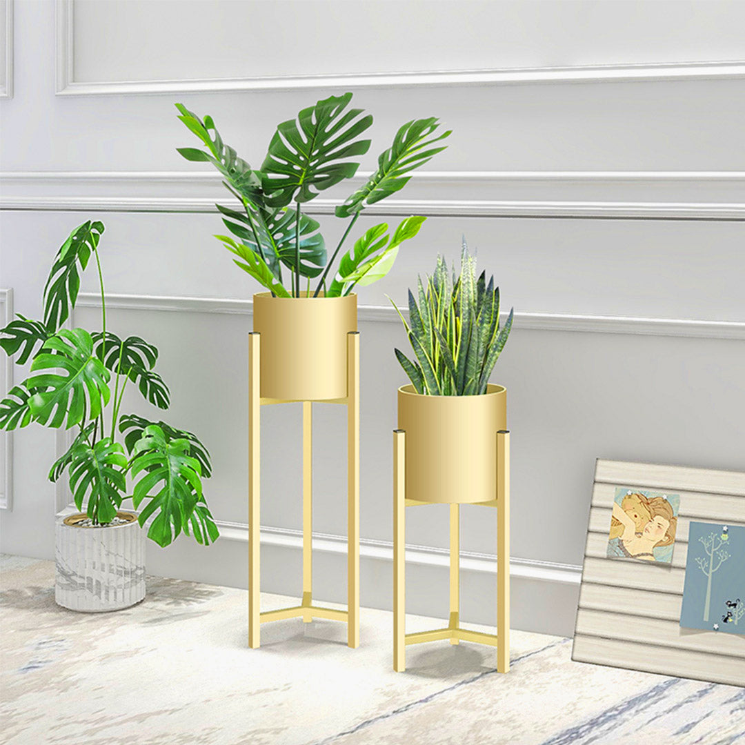 Gold Metal Corner Plant Stand with Gold Flower Pot Holder - 90cm 