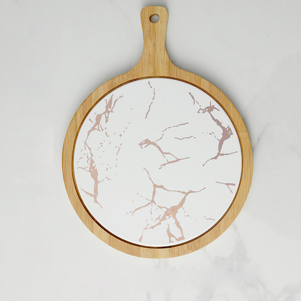 White Round Slate Stone Wooden Serving Tray with Handle - 30cm