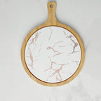 White Round Slate Stone Wooden Serving Tray with Handle - 30cm
