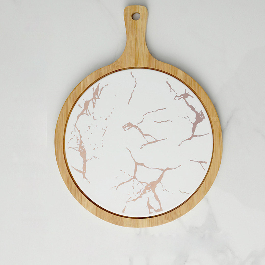 White Round Slate Stone Wooden Serving Tray with Handle - 30cm