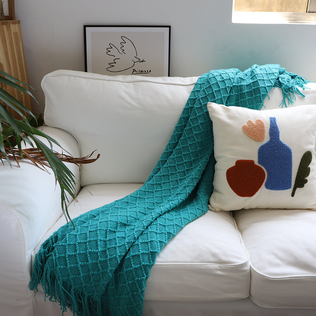 Throw Blanket Diamond Pattern Knitted with Tassels - Teal