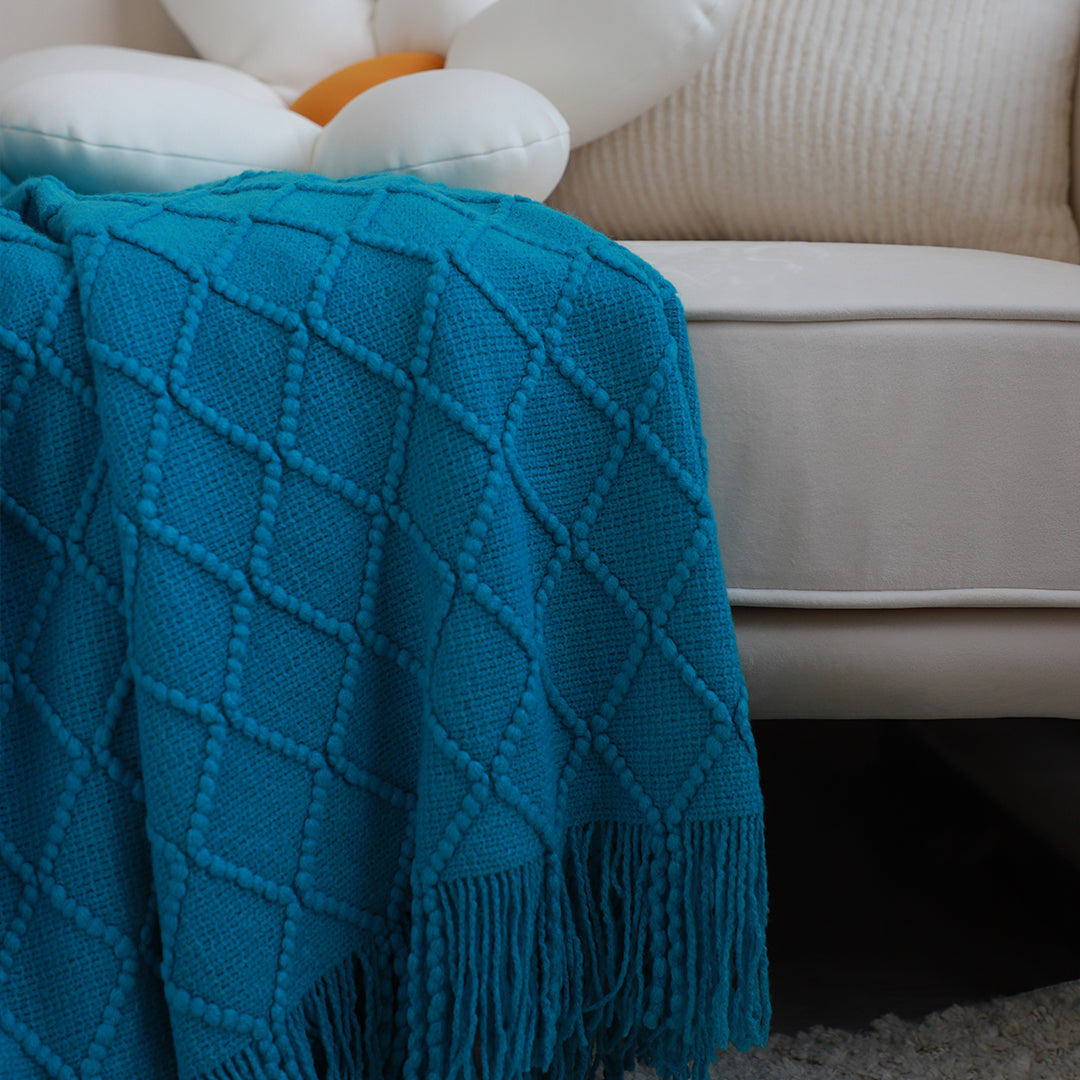 Throw Blanket Diamond Pattern Knitted Throw with Tassels - Blue