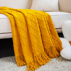 Throw Blanket Diamond Pattern Knitted Throw with Tassels - Yellow