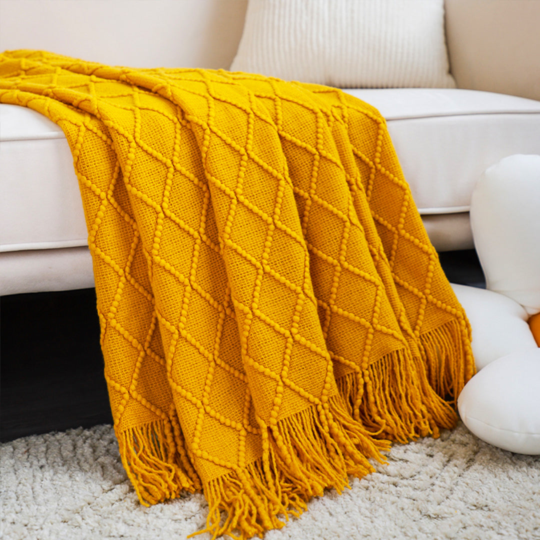 Throw Blanket Diamond Pattern Knitted Throw with Tassels - Yellow