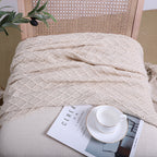 Throw Blanket Diamond Pattern Knitted Throw with Tassels - Beige